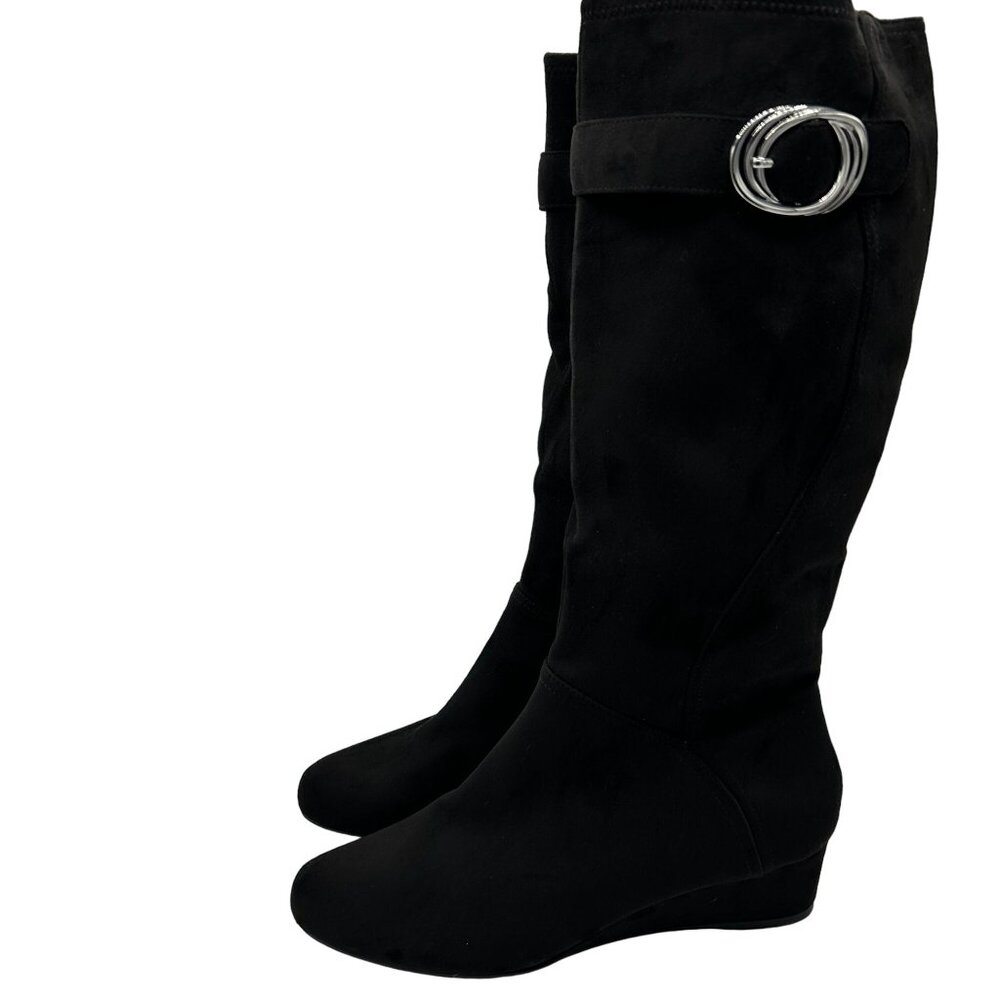 Impo Black Knee-High Stretch Boots With Buckle Strap Size 11 M Gavin Faux Suede